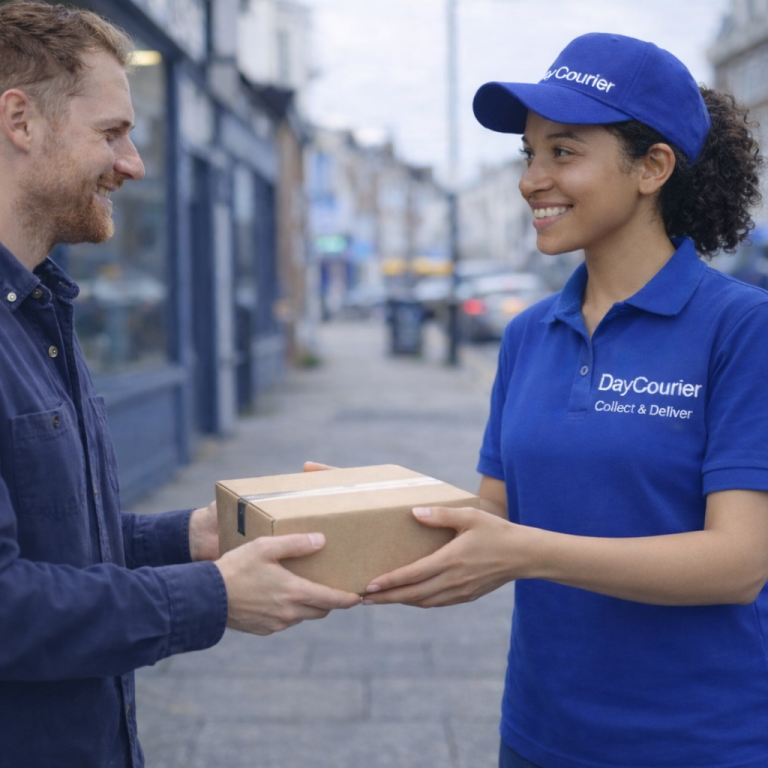 Parcel Delivery in Surrey – Same-day Courier | DayCourier Courier delivering parcel to customer in Surrey – same-day Collect & Deliver