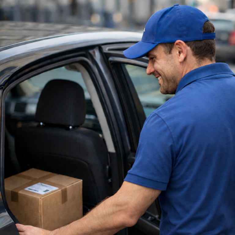 Direct Parcel Delivery in Surrey – Same-day Courier | DayCourier Courier loading parcel into car for direct same-day delivery in Surrey